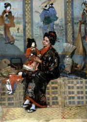 The New Doll. Woman in Kimono with a Porcelain Doll. Influence of Japan and the Far East on European Impressionist Painting.