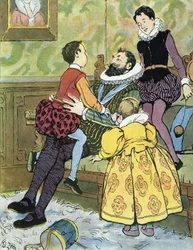 King of France Henri IV playing with his children (1553-1610) Illustration by Edouard Zier in “Nos-Gloriers-Nationales” 1920 Private Collection