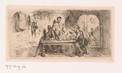 Three Soldiers at a Table in a Courtyard, One Reading from a Book
