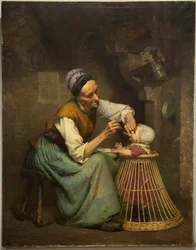 An Old Woman Feeds Her Granddaughter Held in a Wicker Baby Walker