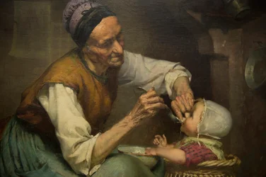 An Old Woman Feeds Her Granddaughter Held in a Wicker Baby Walker