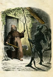 Illustration for Ivanhoe: Black Knight accepts the hospitality of a hermit in the forest