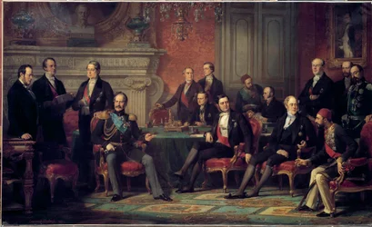 The Paris Congress met from 25 February to 30 March 1856 at the end of the Crimean War, under Napoleon III, with the Foreign Ministers of the European States. Painting by Édouard Louis Dubufe (1820-1883). 1856. 3,08 x 5,10 m