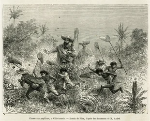 A gang of children hunted for butterflies, accompanied by the author, a Villavicensio (Colombia), drawing by Riou, to illustrate the story of Equinoxiale America (Colombia, Ecuador, Peru), in 1875-1876, by Ed. andre, traveller in charge of mission by the F