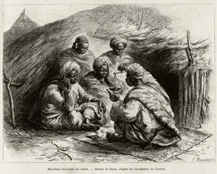 A merchant fascinating a customer. Engraving by Riou, to illustrate the story From Niger to the Gulf of Guinee by Captain Louis Gustave Binger
