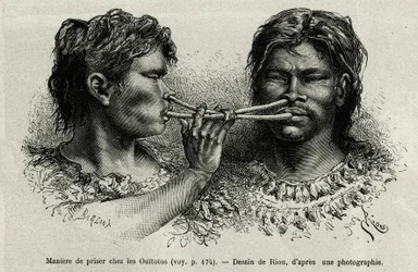 An instrument made of bird bone and a way of snuffing among the Indians ouitotos (uitoto), blowing in unison, they simultaneously send the catch. Engraving by Riou, to illustrate the story of Cayenne aux Andes, by Jules Crevaux, doctor of the French navy
