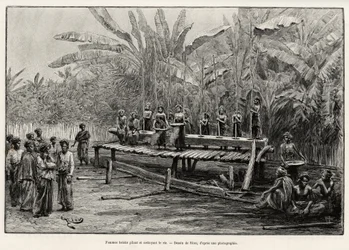 Batak women, northern Sumatra ethnic group, pounding and cleaning rice. Engraving by Riou to illustrate the story 