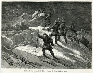 Captain George Strong Nares (1831-1915) planted the British flag at the place closest to the pole (drawing by Riou, to illustrate the story of a voyage to the polar sea in 1875-1876 by Captain G. S. Nares. Engraving in 