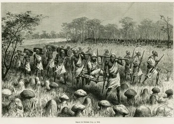 Departed from Kalassa, the narrator traveler in his chair with porters. Engraving by Riou to illustrate the story 