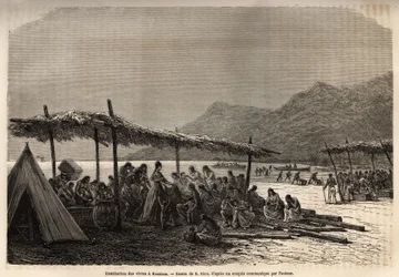 Distribution of food in Keauhou after the earthquake and volcanic eruption of 1868. Engraving illustrating a voyage to the Sandwich Islands by C. de Varigny, published in 
