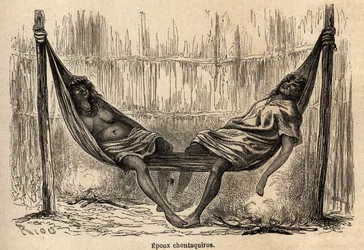Indian husbands Chontaquiros of Peru sleeping in their bridal hammock. Engraving in Le tour du monde, edited by Edouard Charton