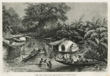 Flooded villages (drawing by Riou, to illustrate the story of a trip to Gabon and the Ogoue River in 1875-1877 by Alfred Marche. Engraving in 