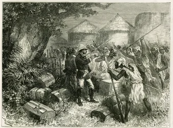 Lieutenant Vallière defends himself against the inhabitants of Sibi, a Mandingo village of Upper Niger, whose inhabitants were very disturbed by the arrival of exploration detachment. Engraving by Riou, based on a sketch by the author