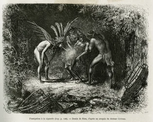 Medical fumigation with cigarettes in the Roucouyan Indians (engraving by Riou, to illustrate the story 