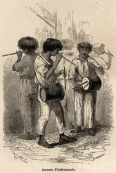 Players of musical instruments in Sarayacu, Peru