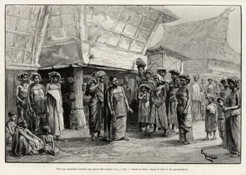 Playing ear ornaments to Batak girls, ethnic group of northern Sumatra. Engraving by Riou to illustrate the story 