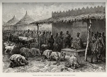 Reception at the naba Sanem, from the Mossi kingdom of Waghadougou. Engraving to illustrate the story From Niger to the Gulf of Guinee by Captain Louis Gustave Binger, in 1887-1889, in Le tour du monde 1890, directed by Edouard Charton, Hachette, Paris.