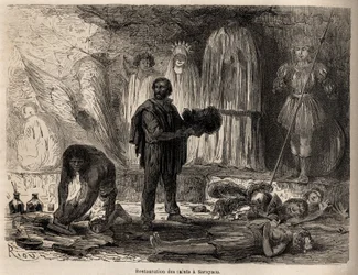 Restoration of statues of saints in Sarayacu (Peru), drawing by Riou, to illustrate Paul Marcoy