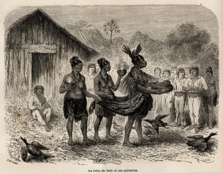 The celebration of the Christmas feast in Sarayacu (Peru), the Christmas queen carries the child Jesus in a basket, and accompanied by two followers, she presents the child to all the houses of the village, drawing by Riou, to illustrate Paul Marcoy