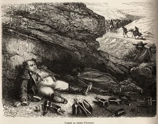The colonel of the genie and his aide-de-camp hiding after a small fete. Engraving by E. Riou illustrating a voyage