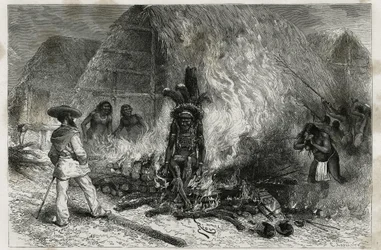 The cremation of a Roucouyenne (or Wayana) (engraving by Riou, to illustrate the voyage of exploration in the interior of Guiana by Dr. Jules Crevaux, doctor of the French navy)