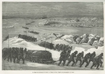 The departure of the Alert sleds, ship of the polar expedition, drawing by Riou, to illustrate the story of a voyage to the polar sea in 1875-1876, by Captain G.S.Nares. Engraving in Le tour du monde