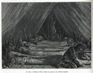 The interior of the tent on the ice floe (drawing by Riou, to illustrate the story of a voyage to the polar sea in 1875-1876 by Captain G. S. Nares. Engraving in 