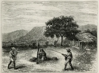 The manufacture of the cabuya, string of Fourcroya, near Cartago (Colombia). Engraving by Riou, to illustrate the story of Equinoxiale America by E. Andre, mission assignment by the French government, published in the Tour du monde, under the direction of 
