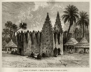 The mosque of Lokhognile. Engraving by Riou, to illustrate the story From Niger to the Gulf of Guinee by Captain Louis Gustave Binger