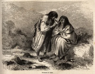 Tobacco auctioners, makeup according to the tradition of the tribe of the Antis (Peru), drawing by Riou, illustrating Paul Marcoy