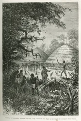 Yacouman, Roucouyenne chief, tribe of Guiana on the banks of the Oyapock, chasing the devil, he walks through the village after the birth of a child, sprinkling a milky white liquid with a feather brush, engraving after a drawing by Riou, to illustrate the