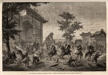 Fireworks in Pekin and confusion of the crew of the French legation on the departure for Mongolia. Engraving in Le tour du monde, edited by Edouard Charton