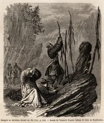 Mongols in devotion to an obo, near the Bakka and Mongolia mountains, drawing by Vaumort to illustrate the journey from Shanghai to Moscow, from 1859 to 1862, of M. de Bourboulon, French minister to China. Engraving in Le tour du monde, edited by Edouard C