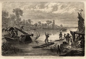 The various methods of fishing the rivers in the province of Pet Tche Li are described. Drawing by Vaumort, to illustrate the journey from Shanghai to Moscow, from 185