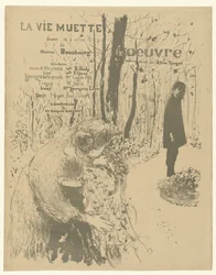 Cover for program booklet with woman with two children and man in park for play La vie muette