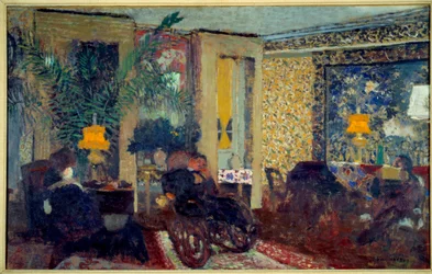 The Living Room with Three Lamps St. Florentine. Interior of a Living Room in an Apartment. In the Center a Man Sits on a Rocking Chair (Painting by Edouard Vuillard)
