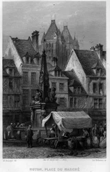Place du marche de la ville de Noyon, Oise, Picardie, France (engraving)