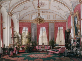 Interiors of the Winter Palace. The Raspberry Study of Empress Maria Alexandrovna, 1860s