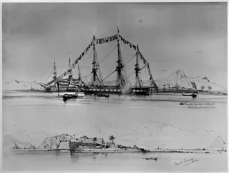 Three-Masted Ship off the Coast and View of a Fort near Rio de Janeiro