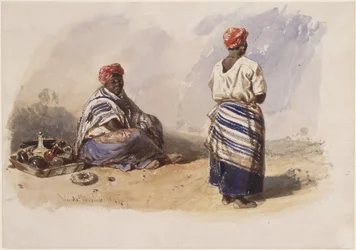 Two Colored Street Vendors; One Sitting Next to a Tray, the Other Standing with Back View