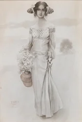 A Girl with a Jug and a Bouquet of Flowers