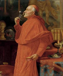 Cardinal examining the bouquet of a white wine (in a Venetian glass). Around 1900.