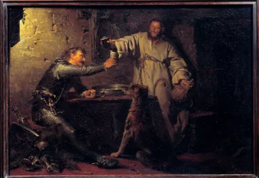 Middle-aged warrior toasting with a hermit in a tavern. Painting by Eduard von Grützner (1846-1925), 1878. Dimensions 0.44 x 0.63 m. Paris, Musée d