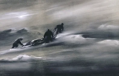 Three men with a Sledge in the Snow