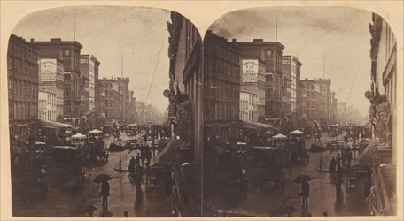 Broadway in the Rain, likely taken from 308 or 310 Broadway, New York City, ca. 1860s