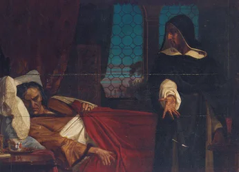 A cloaked figure before the bed of an anguished man