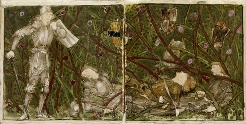 A set of sixteen tiles arranged in pairs to form eight illustrations of the 