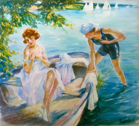 Summer Day at the Lake with Two Young Ladies in a Boat