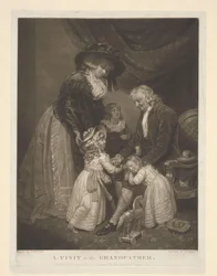 Woman with Three Children Visiting Their Grandfather
