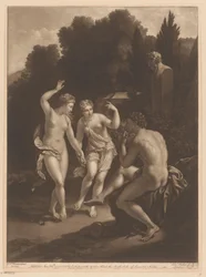 Man Playing Flute for Two Dancing Nymphs